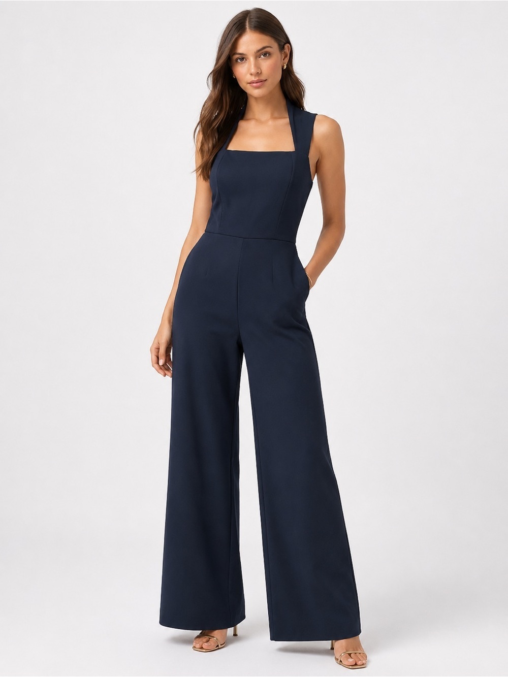 NWT Fashion Nova Navy Wide Leg Square Neck Zip Back Elegant Jumpsuit Size XS